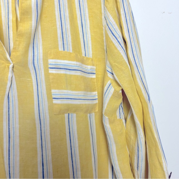 J. Jill Love Linen Striped Long Sleeve Popover Shirt Yellow White Coastal Beachy - Picture 7 of 13